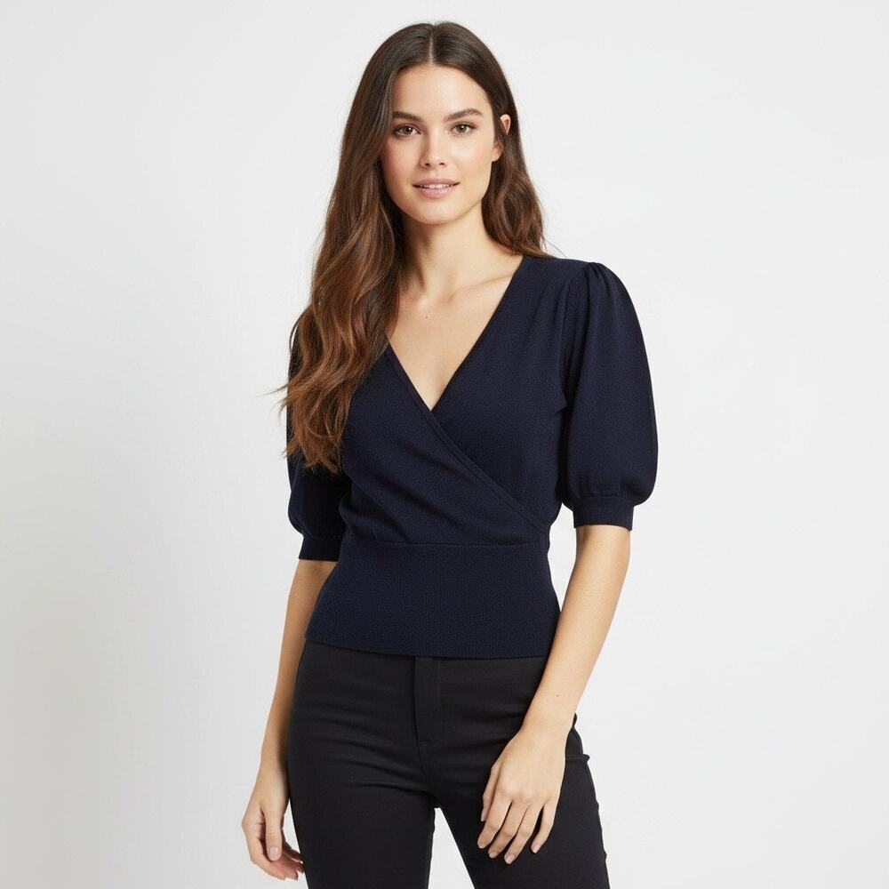 French Connection Mozart Puff Sleeve Sweater Navy Blue Cotton Small Work Office